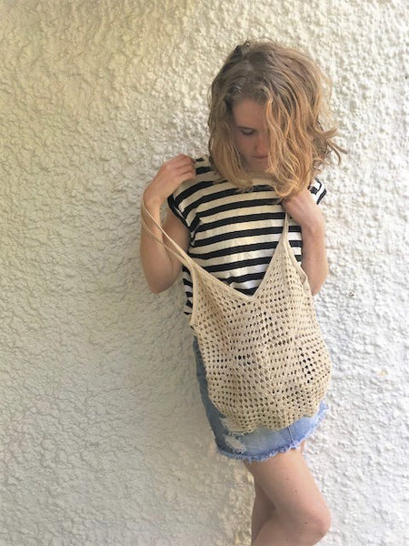 Kit: Cast Away Granny Square Market Bag sample with model looking down