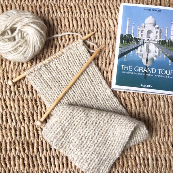 Kit: Classic Seafarer's Scarf - Knitting Kit in progress with book